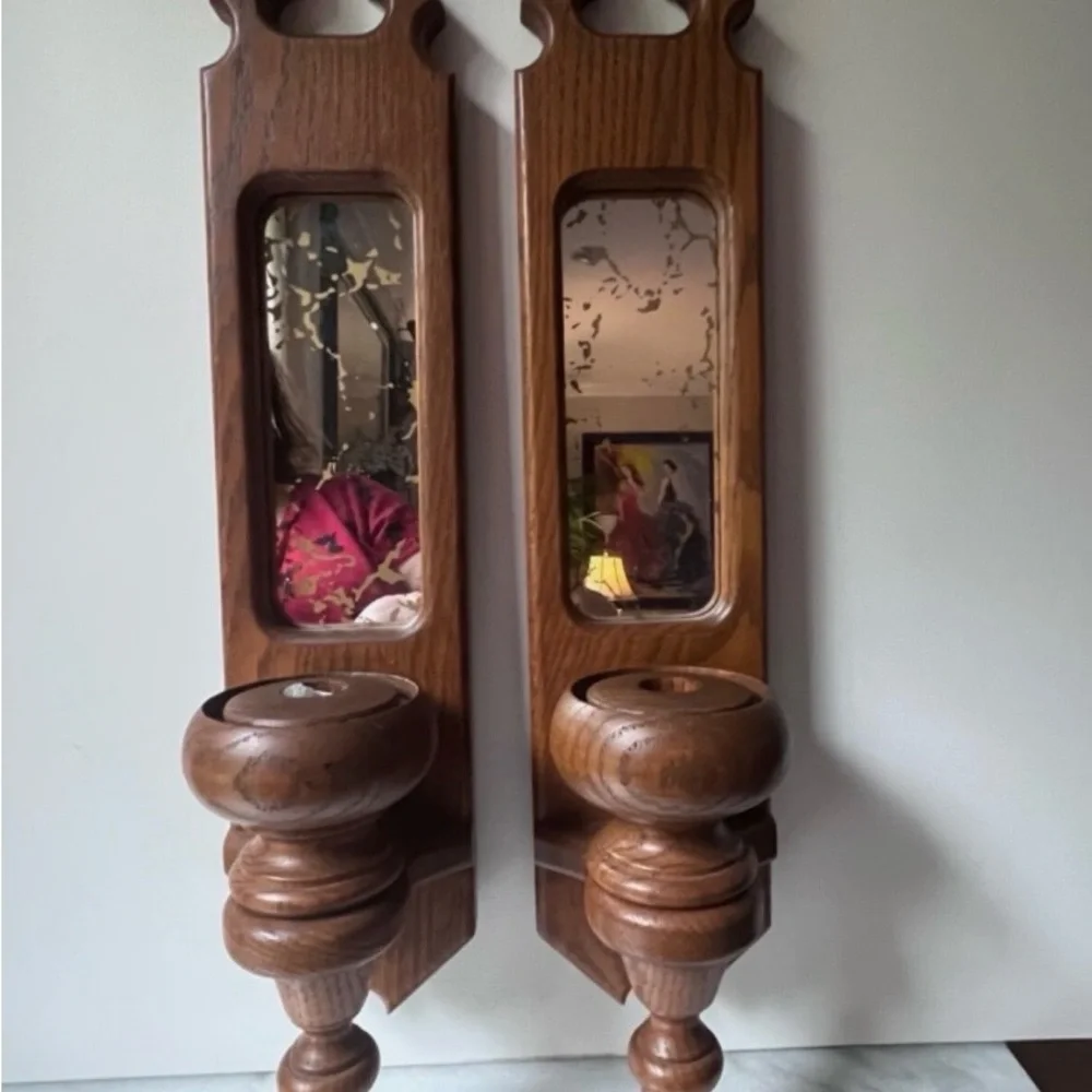 Vintage Wooden Wall Candle Holders with mirrors set of 2